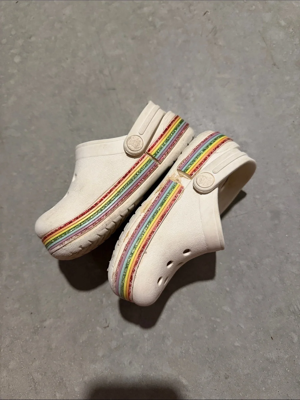 Kids White Clog Shoes with Rainbow Trim